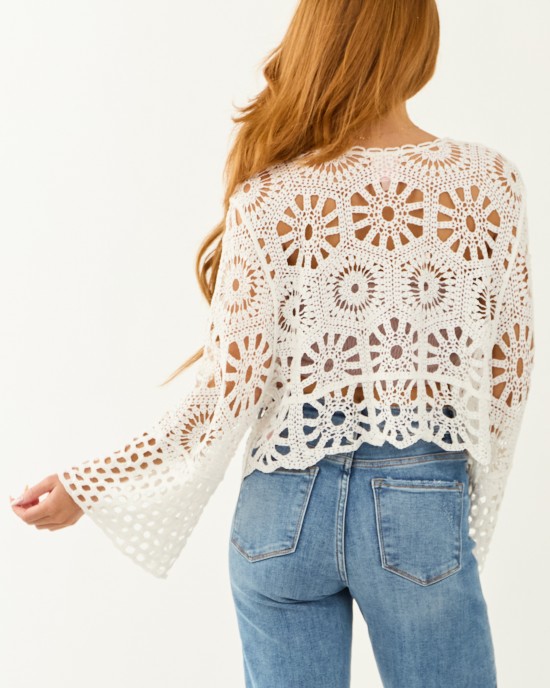 Off White Floral Open Crochet Front Tie Cardigan