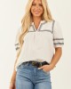 White Short Puff Sleeve Embroidered Blouse