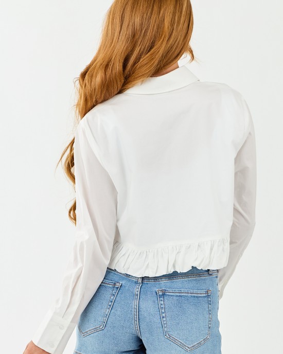 White Button Up Ruffle Hem Long Sleeve Cotton Blouse
