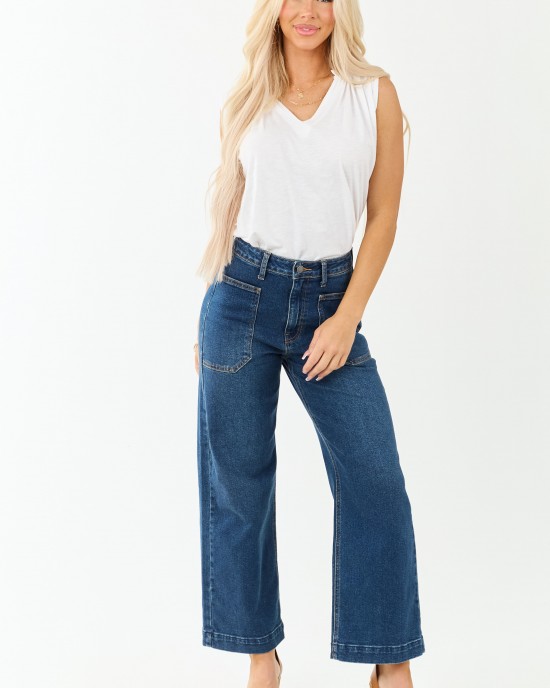 Dark Wash Stretchy Wide Leg Utility Jeans