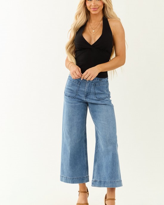 Black Halter Surplice Neck Linen Blend Tank Top