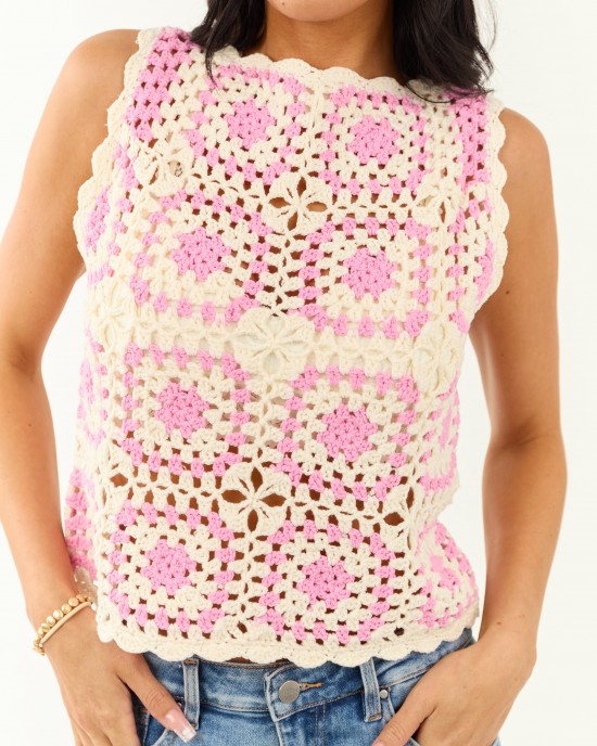 Ivory and Bubblegum Crochet Granny Square Tank Top Ivory and Bubblegum Crochet Granny Square Tank Top