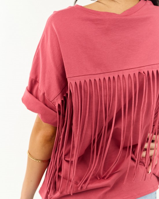 Marsala Half Sleeve Cotton Back Fringe Top
