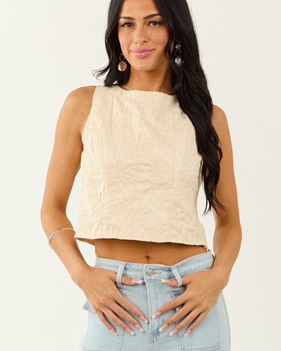Lovelo Cream Raised Embroidery Cropped Tank Top