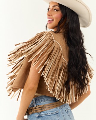 Brown Sugar Faux Suede Fringe Open Front Vest