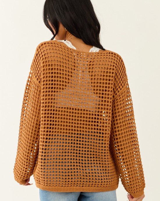 Caramel Open Crochet Round Neck Long Sleeve Top Caramel Open Crochet Round Neck Long Sleeve Top