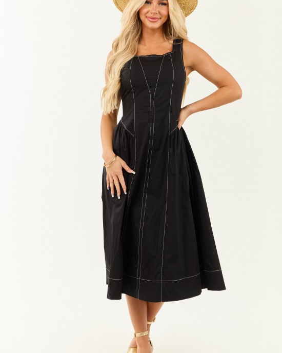 Entro Black Contrast Stitch Cotton Midi Dress Entro Black Contrast Stitch Cotton Midi Dress