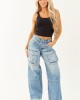 Cello Medium Wash High Rise Distressed Cargo Jeans