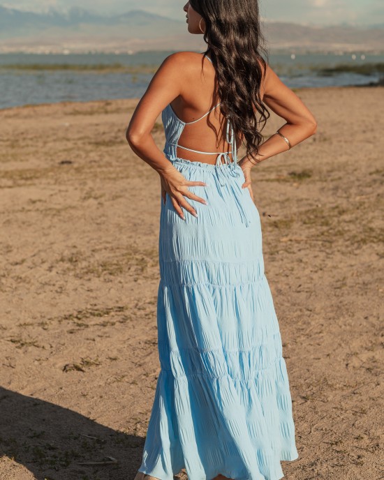 Sky Blue Ruched Tiered Sleeveless Maxi Dress