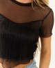 Black Fringe Short Sleeve Mesh Crop Top Black Fringe Short Sleeve Mesh Crop Top