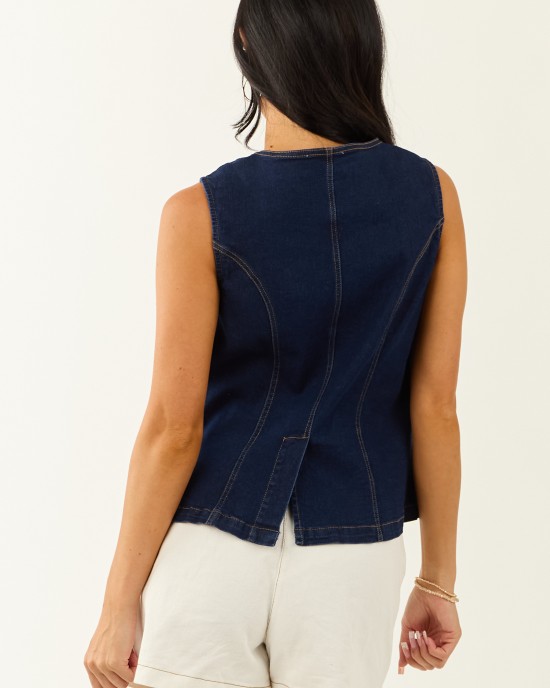 She+Sky Dark Wash Stretchy Denim Button Down Vest