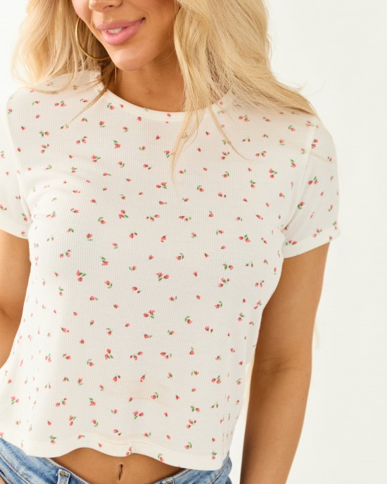 White Floral Print Ribbed Short Sleeve Top