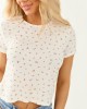 White Floral Print Ribbed Short Sleeve Top