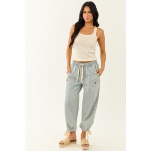 Light Wash Railroad Stripe High Rise Drawstring Pants