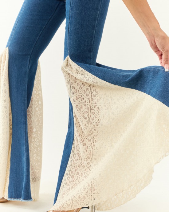 Medium Wash Super Flare Lace Hem Stretchy Jeans Medium Wash Super Flare Lace Hem Stretchy Jeans