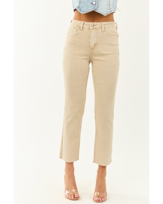 Beige Cropped High Rise Stretchy Straight Jeans