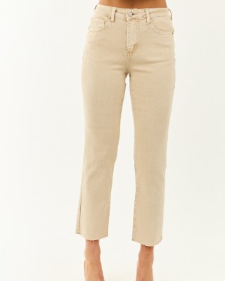 Beige Cropped High Rise Stretchy Straight Jeans