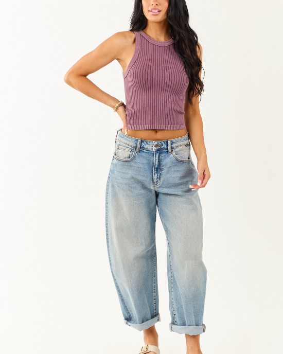 Plum Ribbed Stretchy Knit Washed Tank Top