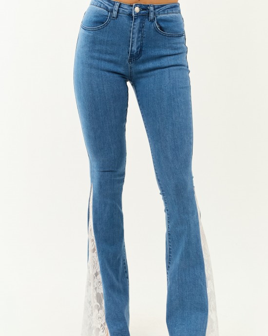Medium Wash Lace Contrast Stretchy Flare Leg Jeans