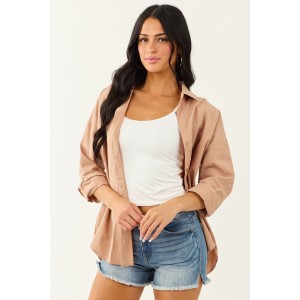 Latte Collared Button Down Cotton Long Sleeve Top