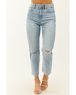 Cello Light Wash Stretchy Distressed Straight Jeans