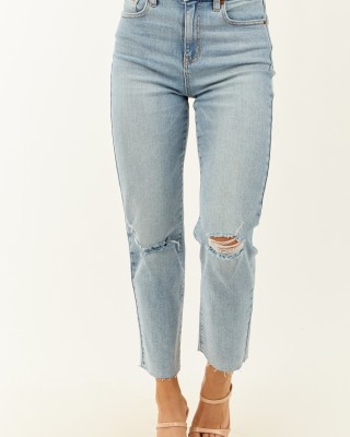 Cello Light Wash Stretchy Distressed Straight Jeans