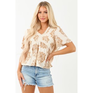 Cream Damask Print Short Sleeve Lace Top