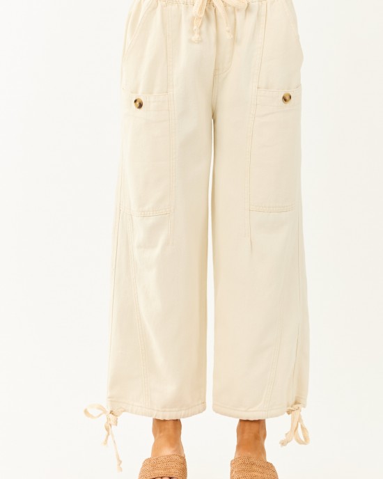Cream Elastic Waist Relaxed Denim Cargo Pants