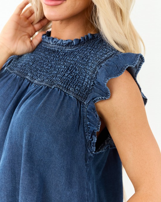 Dark Wash Chambray Denim Ruffle Sleeve Top Dark Wash Chambray Denim Ruffle Sleeve Top