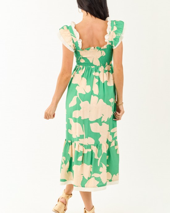 Kelly Green and Cream Floral Print Smocked Midi Dress Kelly Green and Cream Floral Print Smocked Midi Dress