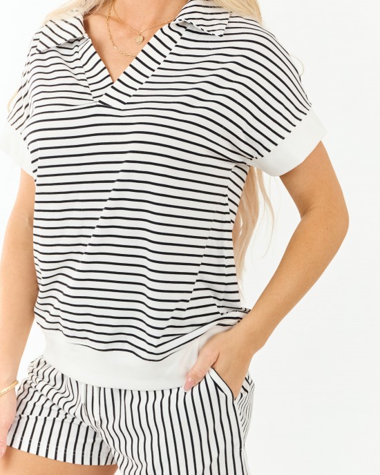 Off White and Black Striped Top and Shorts Set