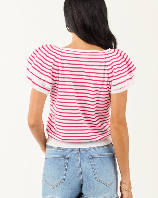 Off White and Raspberry Striped Short Sleeve Top Off White and Raspberry Striped Short Sleeve Top