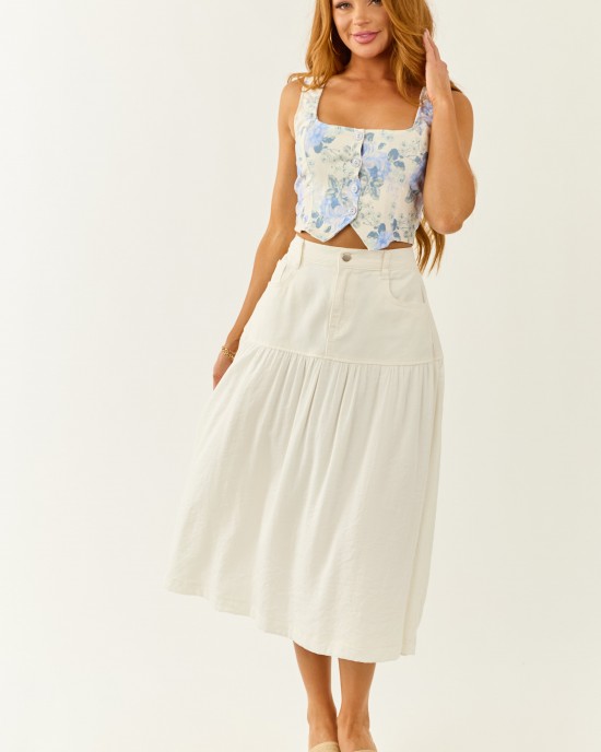 Ivory and Dusty Blue Floral Print Button Down Vest