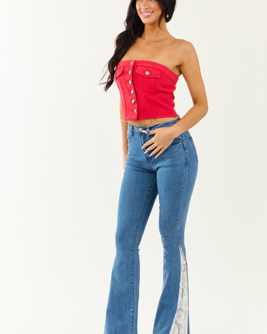 Medium Wash Lace Contrast Stretchy Flare Leg Jeans