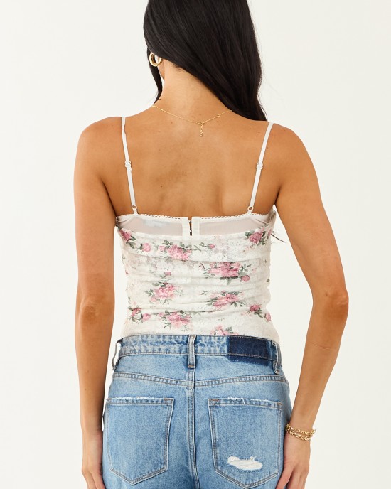 Off White Floral Lace Sleeveless Bodysuit