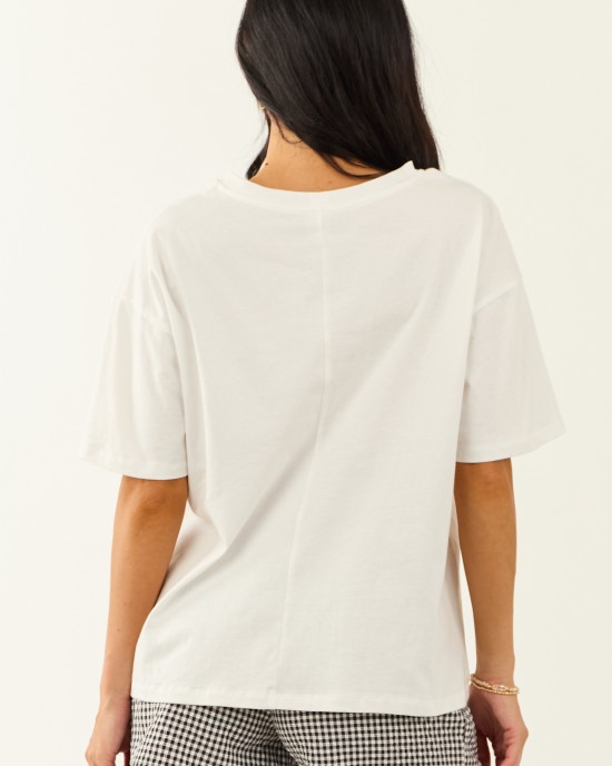 Off White Cotton Tee with Contrast Denim Pocket Off White Cotton Tee with Contrast Denim Pocket