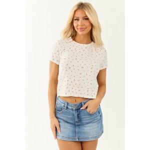 White Floral Print Ribbed Short Sleeve Top