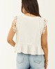 Off White Lace Trim Cap Sleeve Ruffle Hem Top