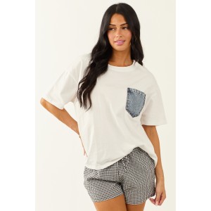 Off White Cotton Tee with Contrast Denim Pocket