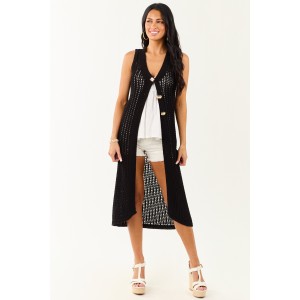 Black Open Knit Gold Buttoned Cotton Duster Vest