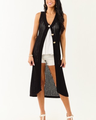 Black Open Knit Gold Buttoned Cotton Duster Vest