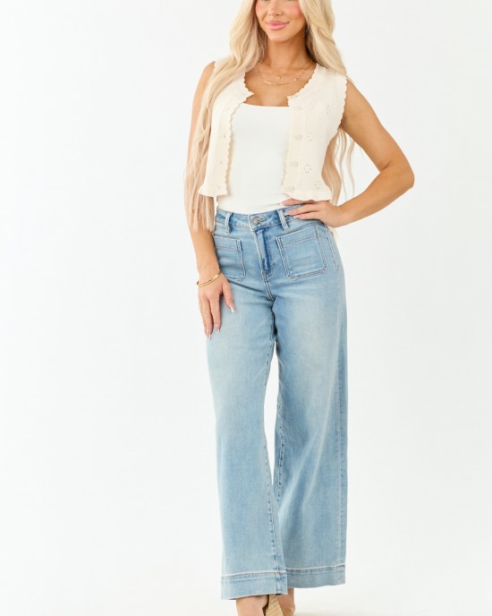 Hidden Light Wash Patch Pocket Stretchy Wide Leg Jeans