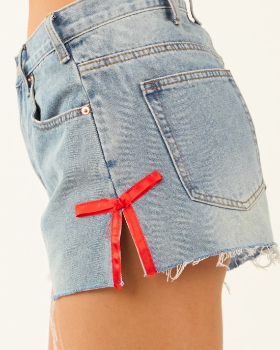 Medium Wash High Rise Side Ribbon Denim Shorts Medium Wash High Rise Side Ribbon Denim Shorts
