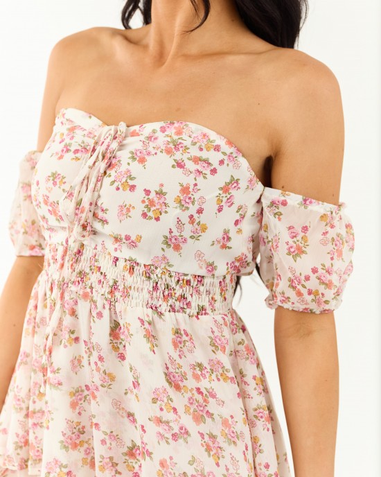 Ivory Floral Print Off the Shoulder Mini Dress