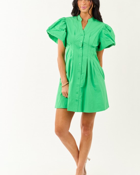 Kiwi Bubble Sleeve Button Down Cotton Mini Dress