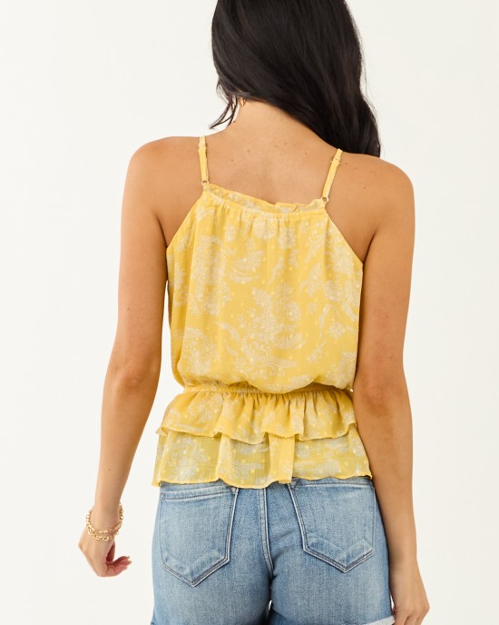 Canary Yellow Floral Swiss Dot Halter Neck Tank Top Canary Yellow Floral Swiss Dot Halter Neck Tank Top