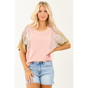Baby Pink Patchwork Relaxed Half Sleeve Cotton Top