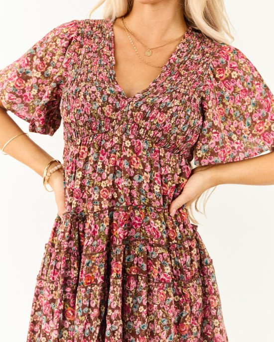 Sepia Floral Print Smocked Tiered Mini Dress Sepia Floral Print Smocked Tiered Mini Dress