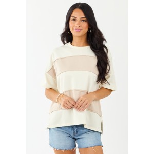 Cream and Latte Colorblock Relaxed Knit Tee