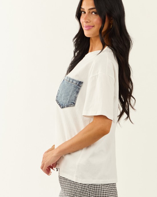 Off White Cotton Tee with Contrast Denim Pocket Off White Cotton Tee with Contrast Denim Pocket